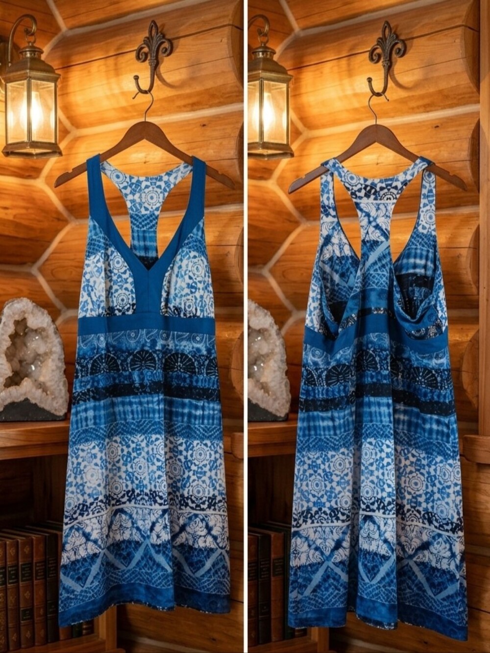 Blue Patterned Sleeveless V-Neck Maxi Dress